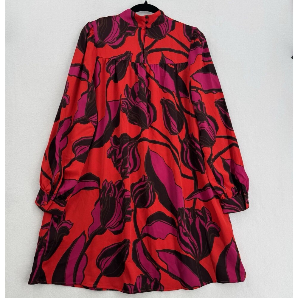 Who What Wear Floral Dress Womens Medium Red Pink Mock Neck Puff Sleeve Pockets - Picture 2 of 9